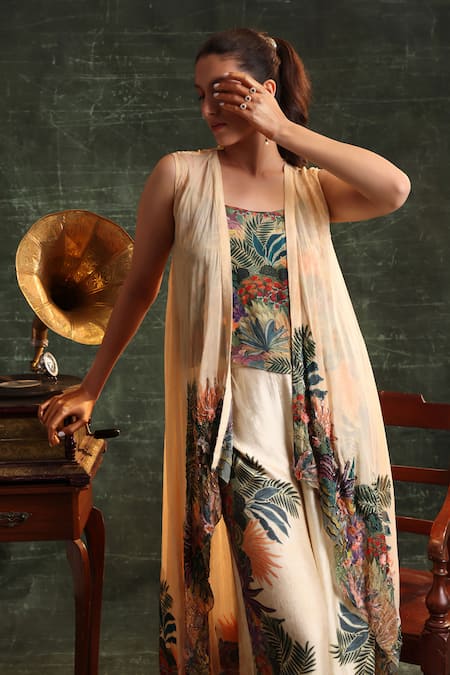 Buy_Soup By Sougat Paul_Beige Chanderi, Organza Cut Work Square Kaira Tropical Print Jacket Pant Set _Online_at_Aza_Fashions