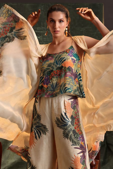 Shop_Soup By Sougat Paul_Beige Chanderi, Organza Cut Work Square Kaira Tropical Print Jacket Pant Set _Online_at_Aza_Fashions