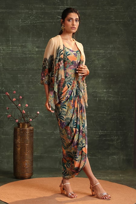 Soup By Sougat Paul_Beige Crepe, Organza Brooches Kaira Tropical Print Draped Dress With Jacket _Online_at_Aza_Fashions