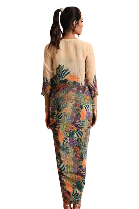 Shop Soup By Sougat Paul Beige Crepe, Organza Brooches Kaira Tropical Print Draped Dress With Jacket Online at Aza Fashions Shop_Soup By Sougat Paul_Beige Crepe, Organza Brooches Kaira Tropical Print Draped Dress With Jacket _Online_at_Aza_Fashions