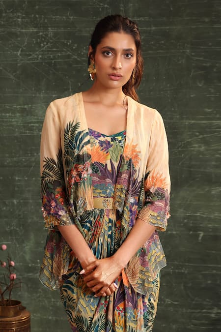 Soup By Sougat Paul_Beige Crepe, Organza Brooches Kaira Tropical Print Draped Dress With Jacket _at_Aza_Fashions
