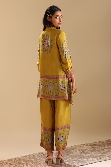 Shop Soup By Sougat Paul Yellow Cotton, Silk Beads, Sequins Mandarin Eraya Embroidered Kurta And Pant Set at Aza Fashions Shop_Soup By Sougat Paul_Yellow Cotton, Silk Beads, Sequins Mandarin Eraya Embroidered Kurta And Pant Set _at_Aza_Fashions