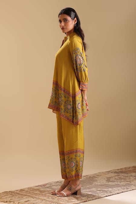 Soup By Sougat Paul Yellow Cotton, Silk Beads, Sequins Mandarin Eraya Embroidered Kurta And Pant Set at Aza Fashions Soup By Sougat Paul_Yellow Cotton, Silk Beads, Sequins Mandarin Eraya Embroidered Kurta And Pant Set _at_Aza_Fashions