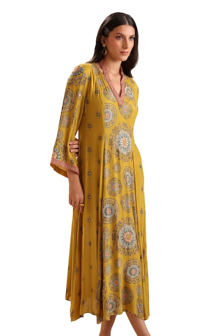 Soup By Sougat Paul_Yellow Chanderi Sequins, Beads V-neck Eraya Geometric Print Dress _Online_at_Aza_Fashions