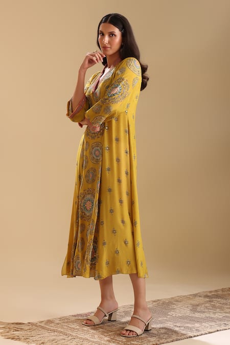 Buy_Soup By Sougat Paul_Yellow Chanderi Sequins, Beads V-neck Eraya Geometric Print Dress _Online_at_Aza_Fashions
