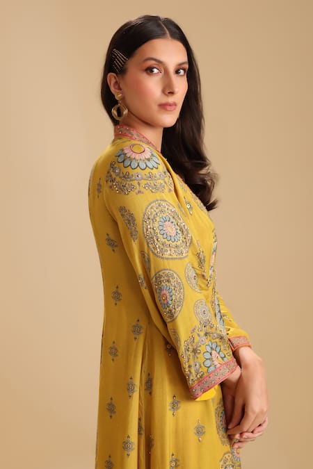 Buy_Soup By Sougat Paul_Yellow Chanderi Sequins, Beads V-neck Eraya Geometric Print Dress 