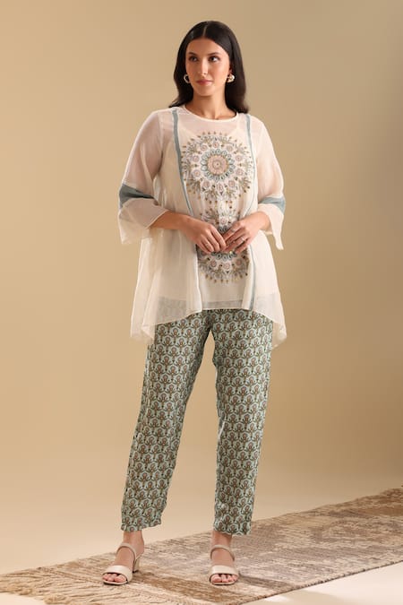 Soup by Sougat Paul Off White Kurta Handloom Net Embroidery Sequin Round Eraya And Pant Set 