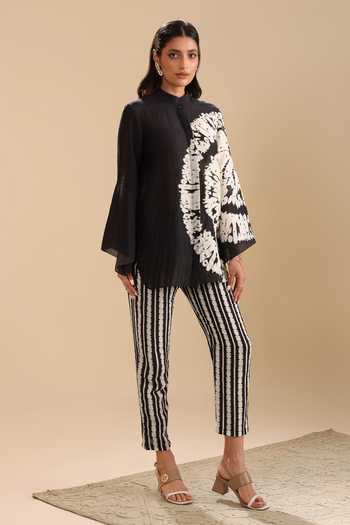 Shop_Soup By Sougat Paul_Black Linen Mirrors, Embroidery Naqsh Geometric Pattern Shirt Kurta And Pant Set _Online_at_Aza_Fashions
