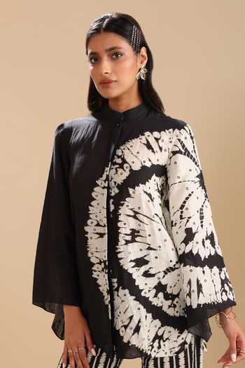 Soup By Sougat Paul_Black Linen Mirrors, Embroidery Naqsh Geometric Pattern Shirt Kurta And Pant Set _at_Aza_Fashions