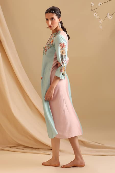 Soup By Sougat Paul_Pink Chanderi Embroidery, Sequins Round Neck Aarani Color Block Dress _Online_at_Aza_Fashions