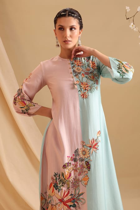 Buy_Soup By Sougat Paul_Pink Chanderi Embroidery, Sequins Round Neck Aarani Color Block Dress _Online_at_Aza_Fashions