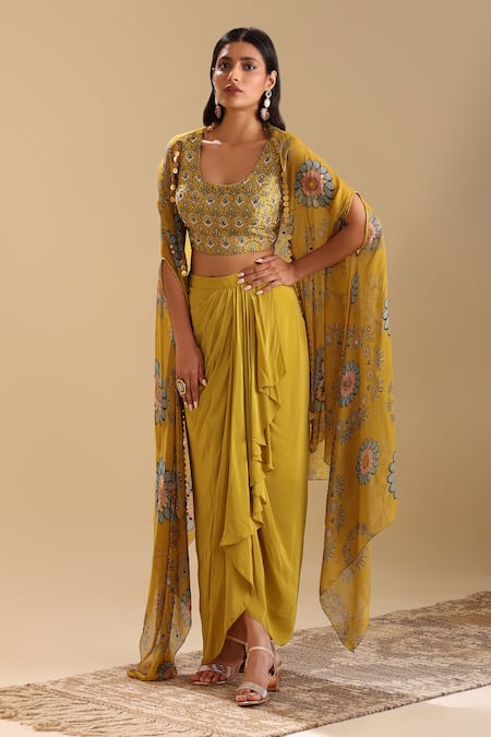 Soup by Sougat Paul Yellow Blouse Chanderi Print Floral Cape Eraya Bloom And Draped Skirt Set 