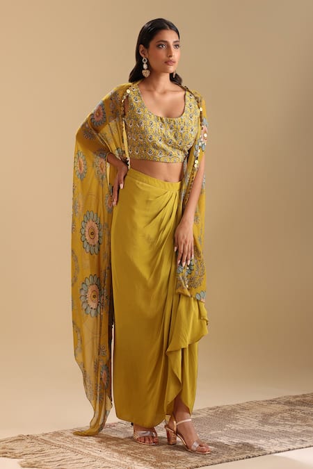 Soup By Sougat Paul_Yellow Chanderi, Crepe Zari, Eraya Floral Bloom Print Cape And Draped Skirt Set _Online_at_Aza_Fashions