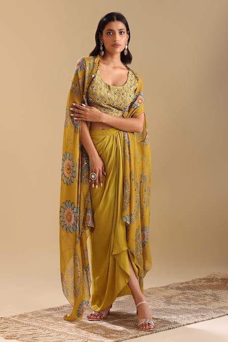 Buy_Soup By Sougat Paul_Yellow Chanderi, Crepe Zari, Eraya Floral Bloom Print Cape And Draped Skirt Set _Online_at_Aza_Fashions