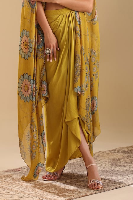 Shop Soup By Sougat Paul Yellow Chanderi, Crepe Zari, Eraya Floral Bloom Print Cape And Draped Skirt Set Online at Aza Fashions Shop_Soup By Sougat Paul_Yellow Chanderi, Crepe Zari, Eraya Floral Bloom Print Cape And Draped Skirt Set _Online_at_Aza_Fashions