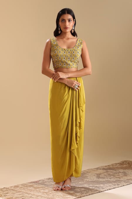 Buy_Soup By Sougat Paul_Yellow Chanderi, Crepe Zari, Eraya Floral Bloom Print Cape And Draped Skirt Set 