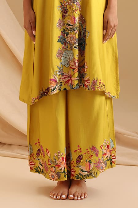 Shop_Soup By Sougat Paul_Yellow Chanderi Embroidery, Sequins V-neck Eraya Flower Vine Kurta With Pant _Online_at_Aza_Fashions