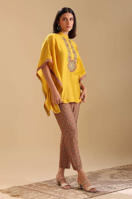 Buy_Soup By Sougat Paul_Yellow Chanderi Beads, Embroidery Collared Eraya Placket Kaftan With Pant _Online_at_Aza_Fashions