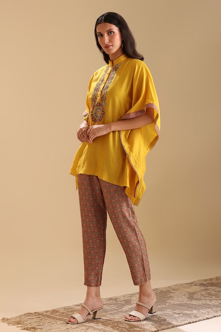 Shop_Soup By Sougat Paul_Yellow Chanderi Beads, Embroidery Collared Eraya Placket Kaftan With Pant _Online_at_Aza_Fashions