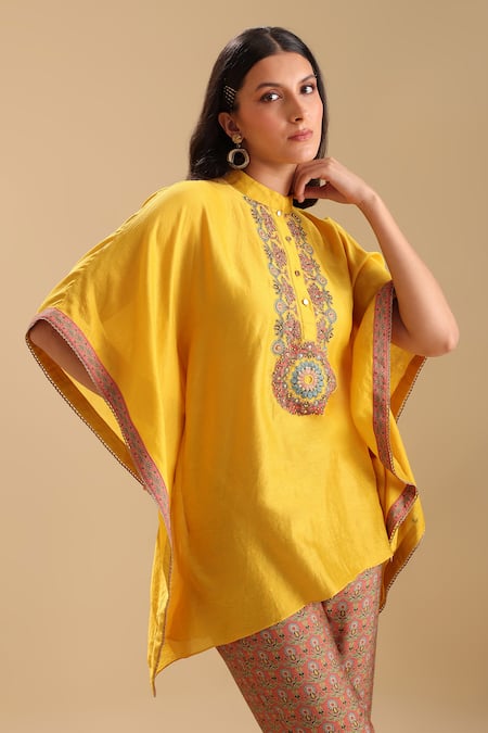 Soup By Sougat Paul_Yellow Chanderi Beads, Embroidery Collared Eraya Placket Kaftan With Pant _at_Aza_Fashions