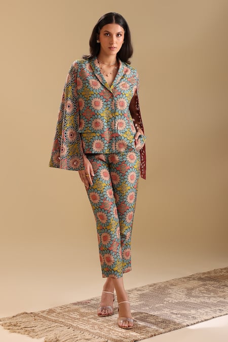 Soup By Sougat Paul Multi Color Silk Embroidery Eraya Floral Bloom Print Blazer With Pant 