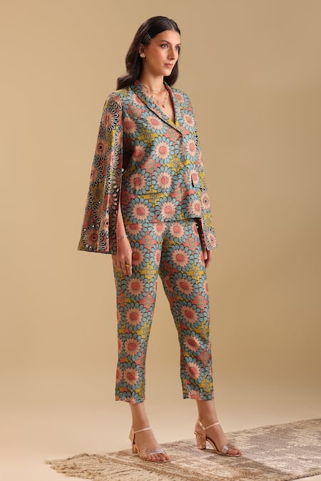 Buy_Soup By Sougat Paul_Multi Color Silk Embroidery Eraya Floral Bloom Print Blazer With Pant _Online_at_Aza_Fashions