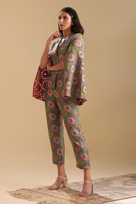 Shop_Soup By Sougat Paul_Multi Color Silk Embroidery Eraya Floral Bloom Print Blazer With Pant _Online_at_Aza_Fashions