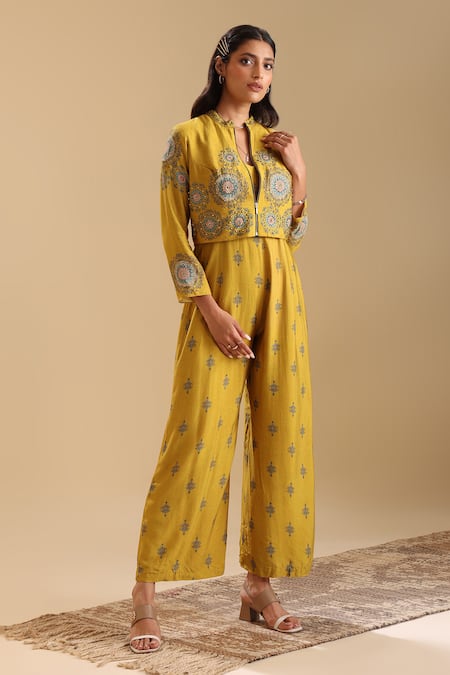 Soup by Sougat Paul Yellow Chanderi Print Floral Jacket Collared Eraya Butti Jumpsuit With 