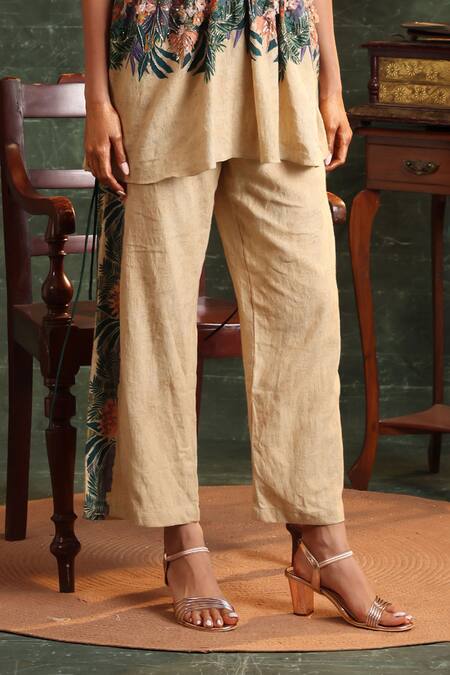 Buy_Soup By Sougat Paul_Beige Cotton Embroidery V-neck Floral Bloom Print Kaftan With Pant _Online_at_Aza_Fashions