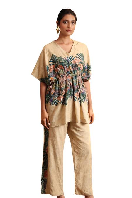 Shop_Soup By Sougat Paul_Beige Cotton Embroidery V-neck Floral Bloom Print Kaftan With Pant _Online_at_Aza_Fashions