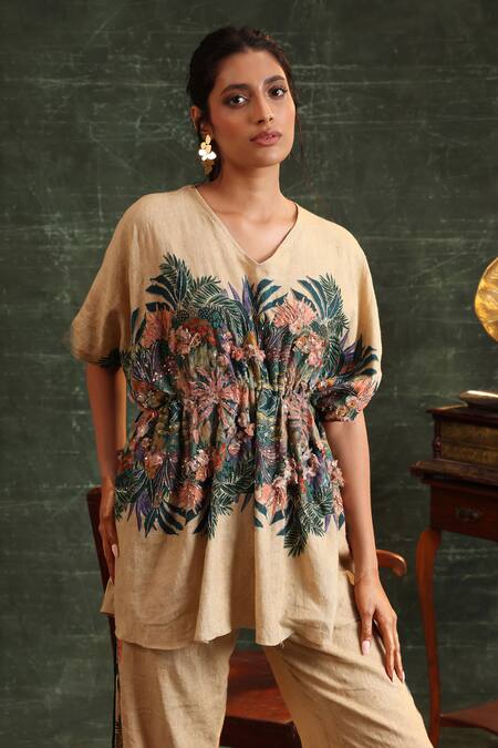 Buy_Soup By Sougat Paul_Beige Cotton Embroidery V-neck Floral Bloom Print Kaftan With Pant 