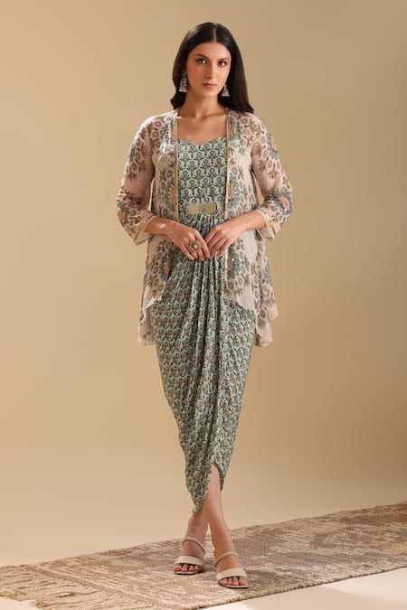 Soup by Sougat Paul Green Crepe Print Floral Jacket Open Eraya Bloom Draped Dress With 