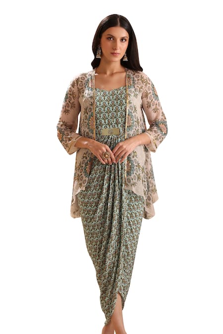 Soup By Sougat Paul_Green Organza, Crepe Embroidery Eraya Bloom Print Draped Dress With Jacket _Online_at_Aza_Fashions