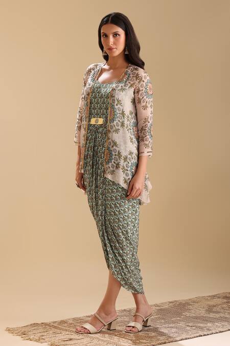 Buy_Soup By Sougat Paul_Green Organza, Crepe Embroidery Eraya Bloom Print Draped Dress With Jacket _Online_at_Aza_Fashions