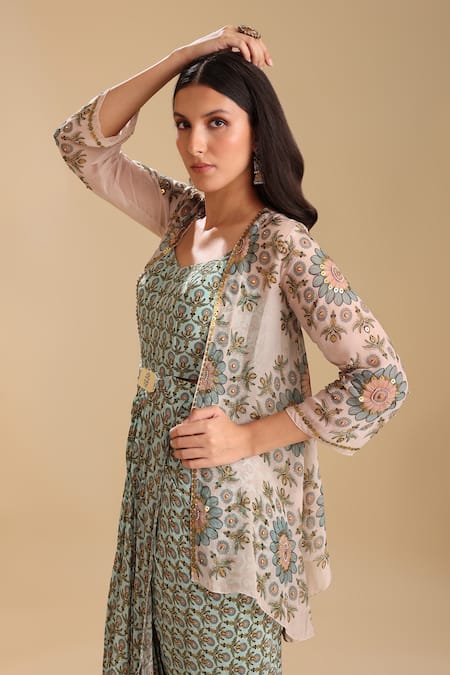 Soup By Sougat Paul_Green Organza, Crepe Embroidery Eraya Bloom Print Draped Dress With Jacket _at_Aza_Fashions