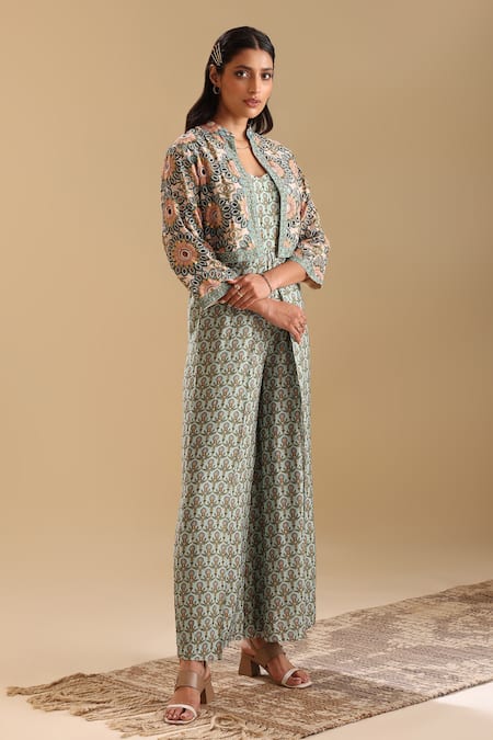 Soup By Sougat Paul_Green Muslin, Linen, Georgette Embroidery Eraya Bloom Print Jumpsuit With Jacket _Online_at_Aza_Fashions