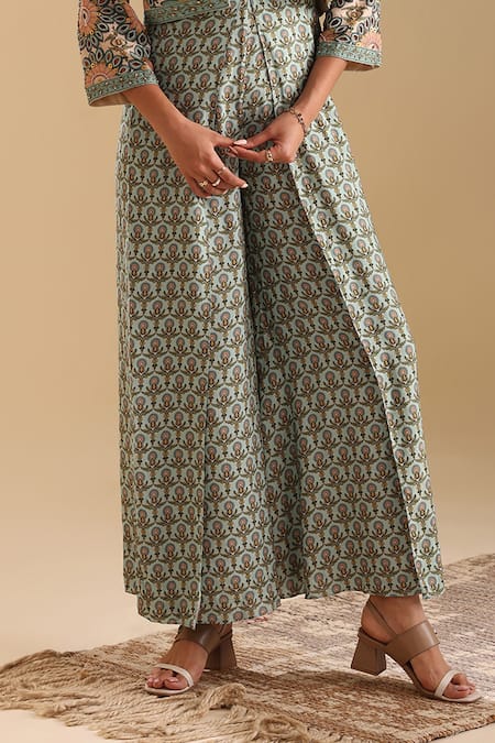 Shop Soup By Sougat Paul Green Muslin, Linen, Georgette Embroidery Eraya Bloom Print Jumpsuit With Jacket Online at Aza Fashions Shop_Soup By Sougat Paul_Green Muslin, Linen, Georgette Embroidery Eraya Bloom Print Jumpsuit With Jacket _Online_at_Aza_Fashions