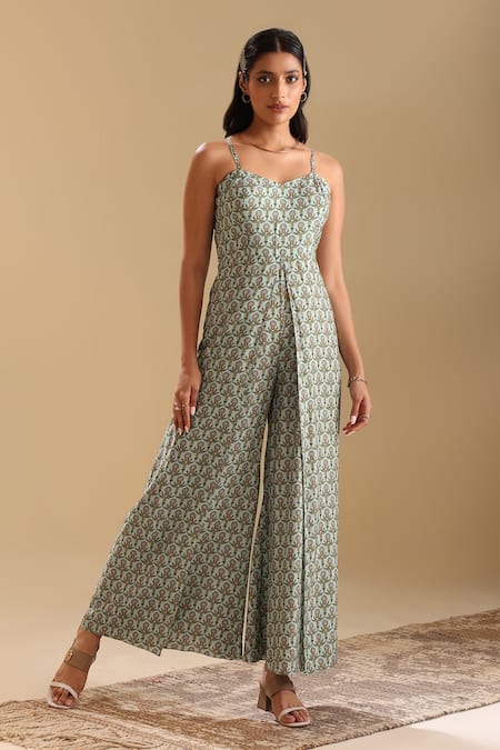 Soup By Sougat Paul_Green Muslin, Linen, Georgette Embroidery Eraya Bloom Print Jumpsuit With Jacket _at_Aza_Fashions