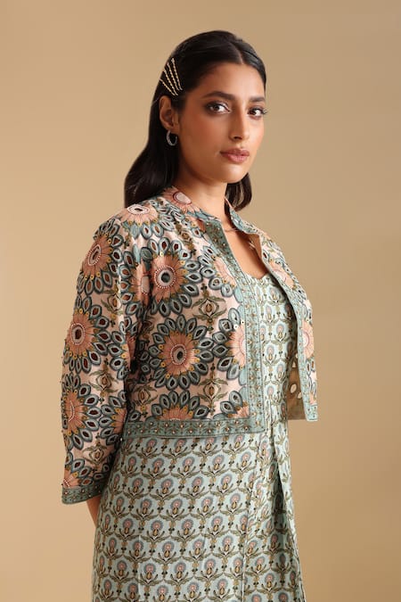 Buy_Soup By Sougat Paul_Green Muslin, Linen, Georgette Embroidery Eraya Bloom Print Jumpsuit With Jacket 