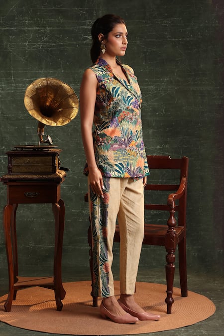 Shop_Soup By Sougat Paul_Multi Color Chanderi Embroidery Kaira Garden Print Blazer With Pant _Online_at_Aza_Fashions