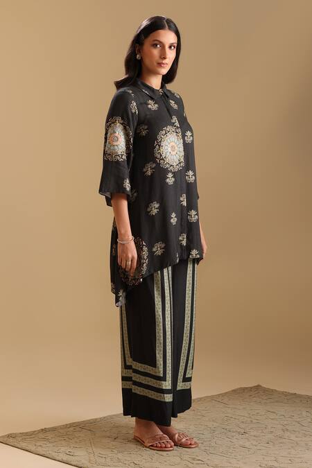 Soup By Sougat Paul_Black Cotton, Silk Embroidery, Sequins Eraya Mandala Print Kurta With Pant _at_Aza_Fashions