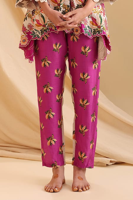 Soup By Sougat Paul Pink Silk Embroidery Round Neck Aarani Floral Tunic With Pant Online at Aza Fashions Soup By Sougat Paul_Pink Silk Embroidery Round Neck Aarani Floral Tunic With Pant _Online_at_Aza_Fashions