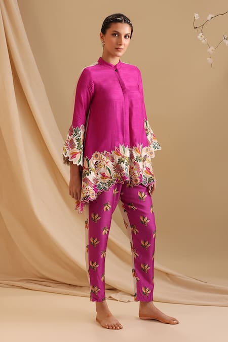 Buy_Soup By Sougat Paul_Pink Silk Embroidery Round Neck Aarani Floral Tunic With Pant _Online_at_Aza_Fashions