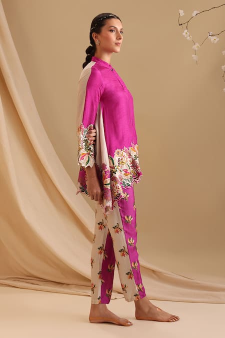 Shop_Soup By Sougat Paul_Pink Silk Embroidery Round Neck Aarani Floral Tunic With Pant _Online_at_Aza_Fashions