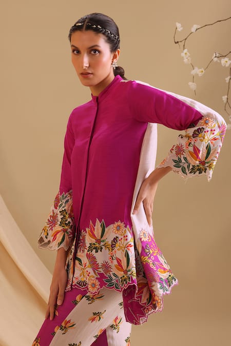 Soup By Sougat Paul_Pink Silk Embroidery Round Neck Aarani Floral Tunic With Pant _at_Aza_Fashions