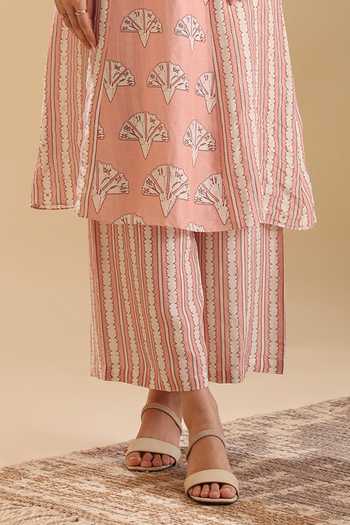 Soup By Sougat Paul Peach Linen Crystals V-neck Naqsh Bloom Print Kurta With Pant Online at Aza Fashions Soup By Sougat Paul_Peach Linen Crystals V-neck Naqsh Bloom Print Kurta With Pant _Online_at_Aza_Fashions