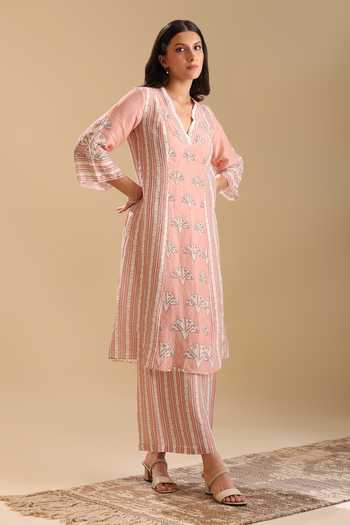 Shop Soup By Sougat Paul Peach Linen Crystals V-neck Naqsh Bloom Print Kurta With Pant Online at Aza Fashions Shop_Soup By Sougat Paul_Peach Linen Crystals V-neck Naqsh Bloom Print Kurta With Pant _Online_at_Aza_Fashions