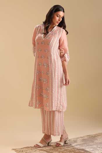 Soup By Sougat Paul Peach Linen Crystals V-neck Naqsh Bloom Print Kurta With Pant at Aza Fashions Soup By Sougat Paul_Peach Linen Crystals V-neck Naqsh Bloom Print Kurta With Pant _at_Aza_Fashions