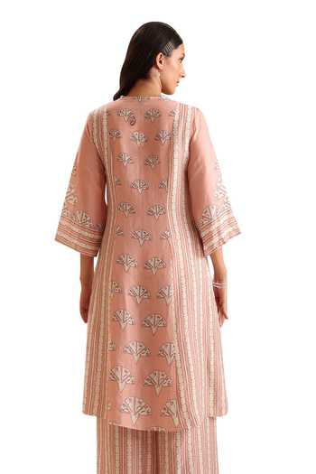 Buy Soup By Sougat Paul Peach Linen Crystals V-neck Naqsh Bloom Print Kurta With Pant Buy_Soup By Sougat Paul_Peach Linen Crystals V-neck Naqsh Bloom Print Kurta With Pant