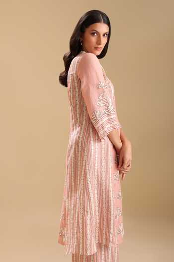 Shop Soup By Sougat Paul Peach Linen Crystals V-neck Naqsh Bloom Print Kurta With Pant Shop_Soup By Sougat Paul_Peach Linen Crystals V-neck Naqsh Bloom Print Kurta With Pant